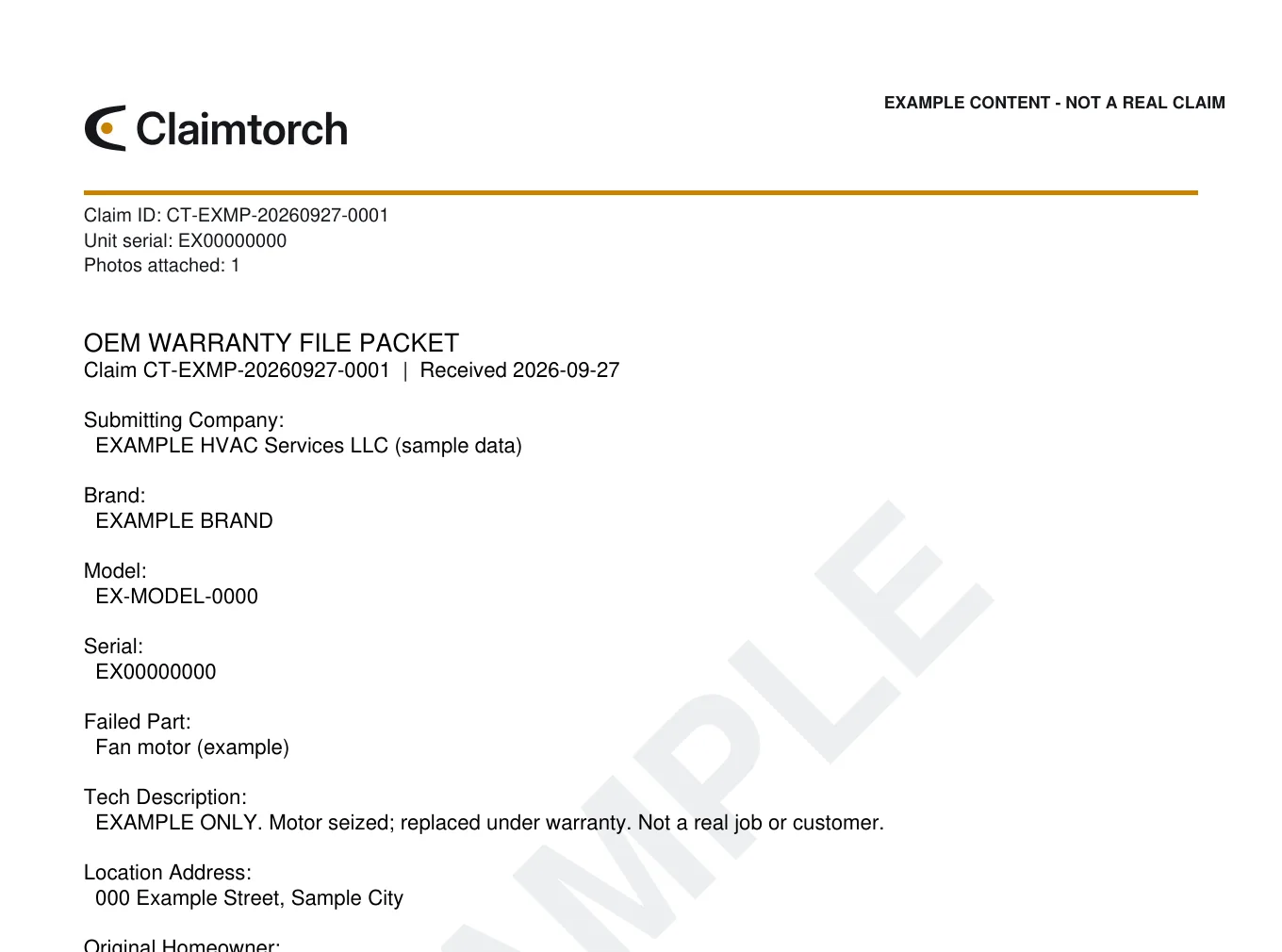 Example Claimtorch PDF claim packet, top of page 1, marked EXAMPLE