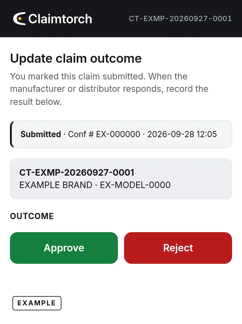 Example Claimtorch status page: record Approve or Reject